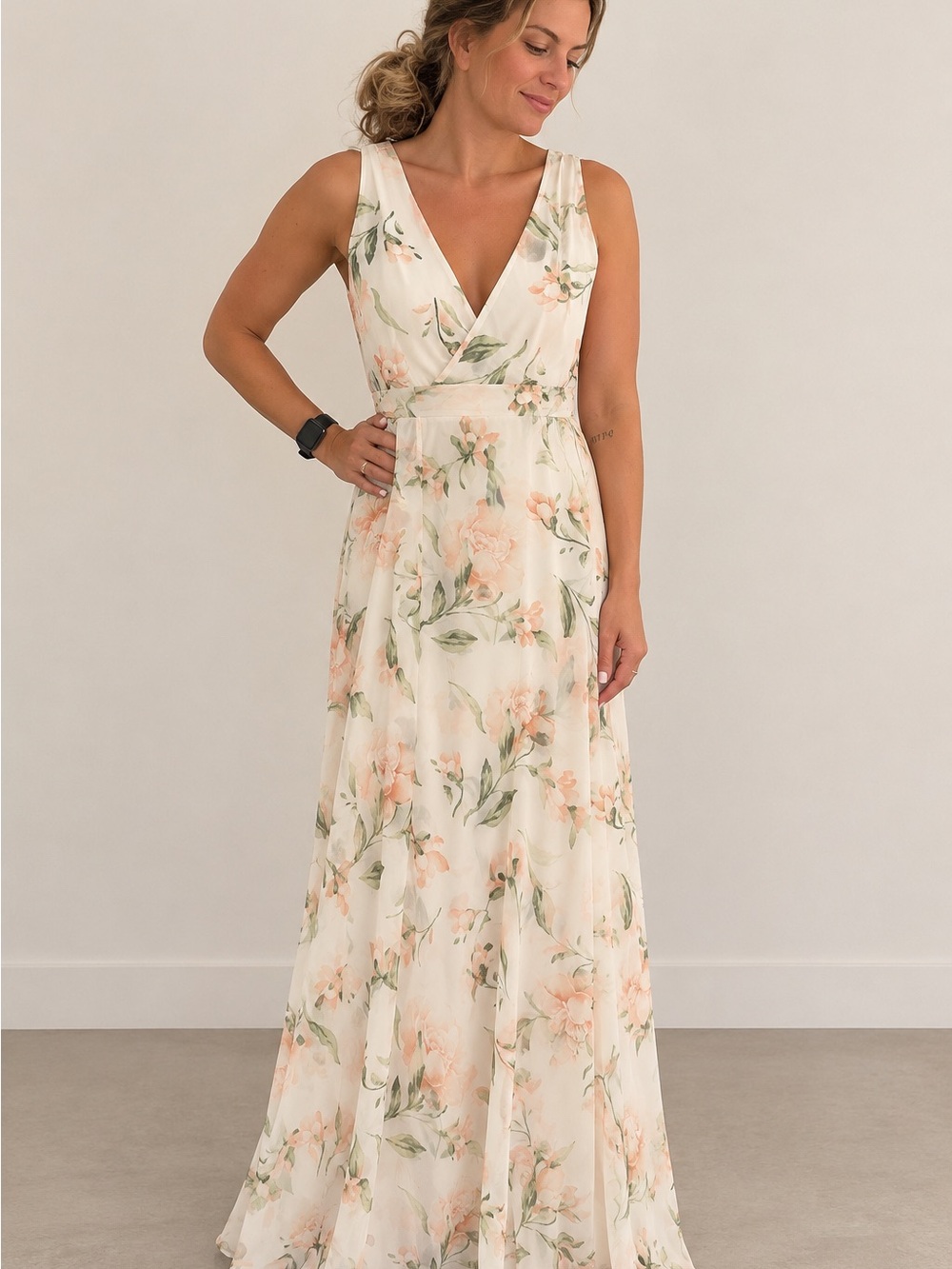 Lulu's Floral Wrap V-Neck Maxi Dress in Cream and Peach